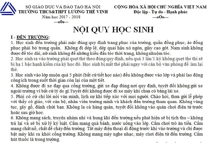 nội quy học sinh thcs của trường Lương Thế Vinh